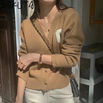 Луксозен ежедневието на обикновен пуловер с надпис WAKUTA, жилетка, женски V-образно деколте, свободни реколта однобортные възли блузи с дълъг ръкав