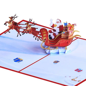 3D Коледни картички Творчески изскачащи поздравителни картички Цветна количка с летенето елен Празнична картичка Сувенири за партита за Нова година и Коледа
