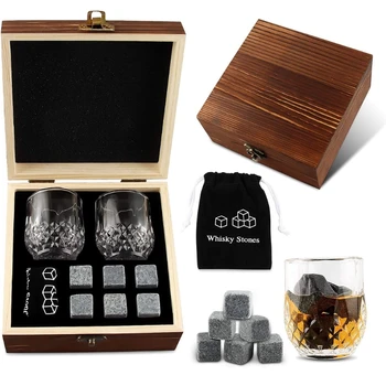 Комплект чаши за уиски с 6 камъни за охлаждане на уиски и бърбън в дървена кутия на Ден на бащата Коледа, рожден Ден, Годишнина