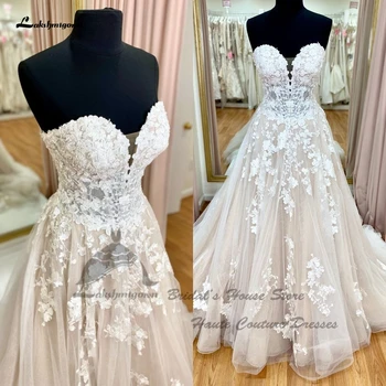Lakshmigown/жена сватбена рокля цвят шампанско големи размери с открити рамене 2023, дантелени плажни рокли сватба в сладък стил бохо