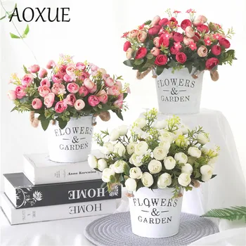 AOXUE, 5 клони, 13 глави, малки пъпки от чаено цвете, имитация-изкуствени цветя, украса за дома, хол, сватбена декорация, копринени цветя