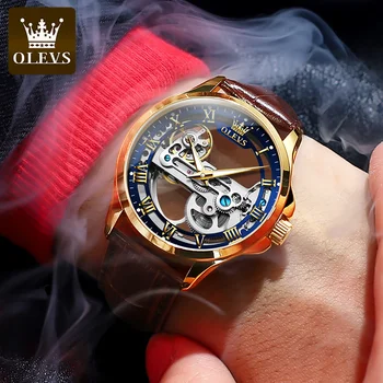 OLEVS 6661 Ежедневни мъжки автоматично механичен часовник с каишка от естествена кожа, светещи водоустойчив мъжки часовник с куха дърворезба
