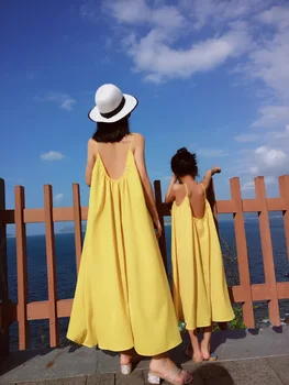 Едни и същи рокли за майки и дъщери, лятна нова жълта семейна дрехи, шифоновые плажни рокли за майки, Дрехи за парти по случай рождения ден