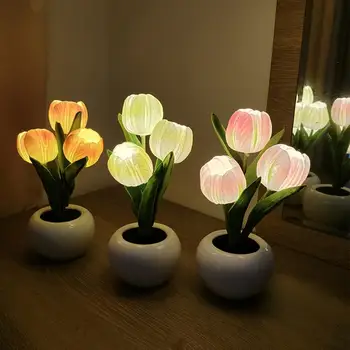 Led имитация на светлината на Лале, led лампа с гладка затъмняване, Меко осветление, 3 глави, Акумулаторна настолна лампа с цветя висока яркост