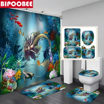 Океански делфин, Морска костенурка, Русалка, 3D завеса за душ, Комплект за баня, килим за баня, капака на тоалетната чиния, подложка за пиедестал, нескользящий килим, домашен декор