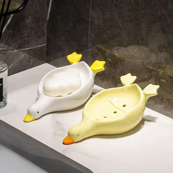 Скъпа керамична кутия за сапун във формата на патица-мультяшная кутия за сапун, творческа керамично декорация на чиния за сапун за източване на тоалетната чиния