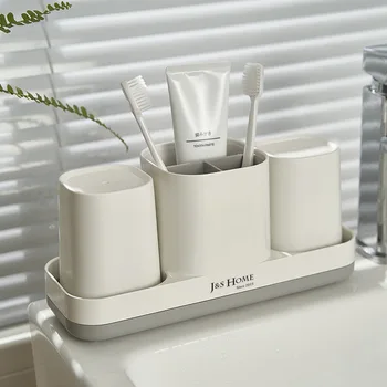 Държач за четка за зъби, бели творчески предмети от бита с пластмасова чаша вода за уста, органайзер за баня, бюро, стойка за съхранение на четка за зъби