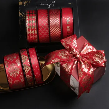 50 ярда сатенена лента с принтом от златно фолио за опаковане на подарък за Сватба Коледна украса за рожден Ден 2020122201