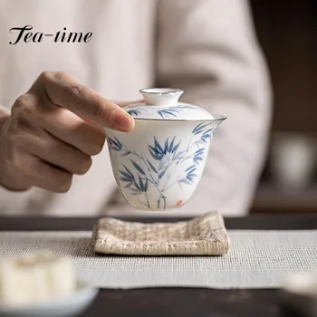 100 мл Ретро Чиста Ръчно рисувани От Зелен Бамбук, Керамични Чаена супа от супник, Китайските Чаени Аксесоари, Гайвань, Анти-Попарване Чай Набор от Vowl Кунг Фу Tea Set