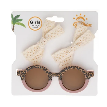 EWODOS/Комплект модни леопард слънчеви очила за малки момичета, кръгли очила в контрастен цвят с заколкой за коса лък, детски шапки