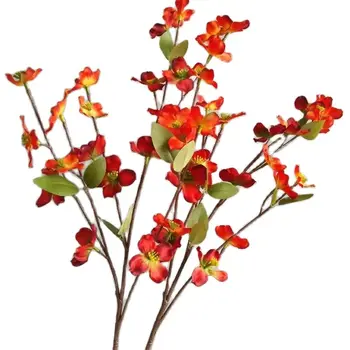 Един изкуствени цветя, дрян на дълго стъбло с дължина 22 инча, симулиращ Cornus Officinalis за сватба, домашни декоративни изкуствени цветя