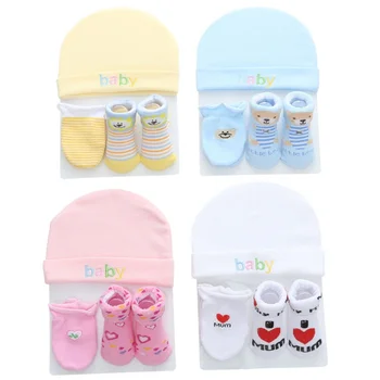1 Пакет детски памучни чорапи + шапка + ръкавици със защита от надраскване, комплект за новородено 0-12 месеца, подарък за душата, за момчета и момичета