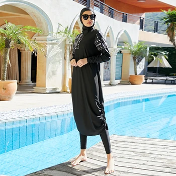 2022 Скромен мюсюлмански бански костюм, Дълга рокля, бански, мюсюлманската буркини с хиджабом, бански костюми, ислямска дамски плажни дрехи на прост стил