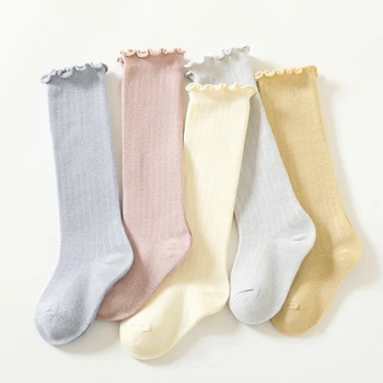 Детски Чорапогащи до Коляното с волани За Малки Момичета с Дълги Меки Памучни Чорапи Свързани с Цветен Модел, Чорапи за детски Училищни униформи от 0 до 6 Години