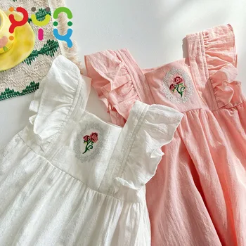 Рокли с бродерия PYQ Rose за момичета 2023, нова лятна модни детски дрехи за деца, ежедневна рокля с квадратни деколтета и летящими ръкав