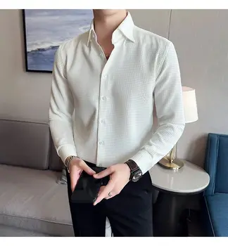Ежедневна мода пролет однотонная корея модерна блуза, мъжки однобортная мъжка риза в клетка с отложным яка