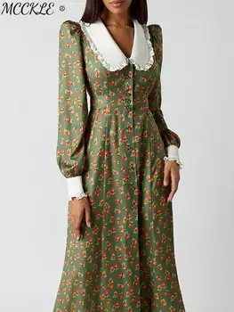 Елегантна женствена рокля с флорални принтом, пролет 2023, реколта дамски рокли-ризи с ръкави-фенерче, куклен яка в кръста, женски халат