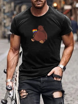 Лятна мъжки ежедневни тениска с кръгло деколте и къс ръкав с принтом 2023, мъжка тениска с образа на мечка и рейнбоу банер, тениски с 3D-принтом