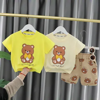 2023 Лятна тениска и шорти с анимационни принтом Мечка за най-малките момчета, ежедневни облекла, 2 броя, скъпа дрехи за деца 1-6 години