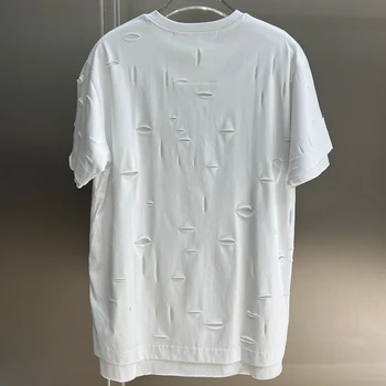 Мъжки висококачествена и оригинална двупластова брандираната тениска с дупки, модна тениска с кръгло деколте и известен писмото принтом, луксозни тениски с къс ръкав