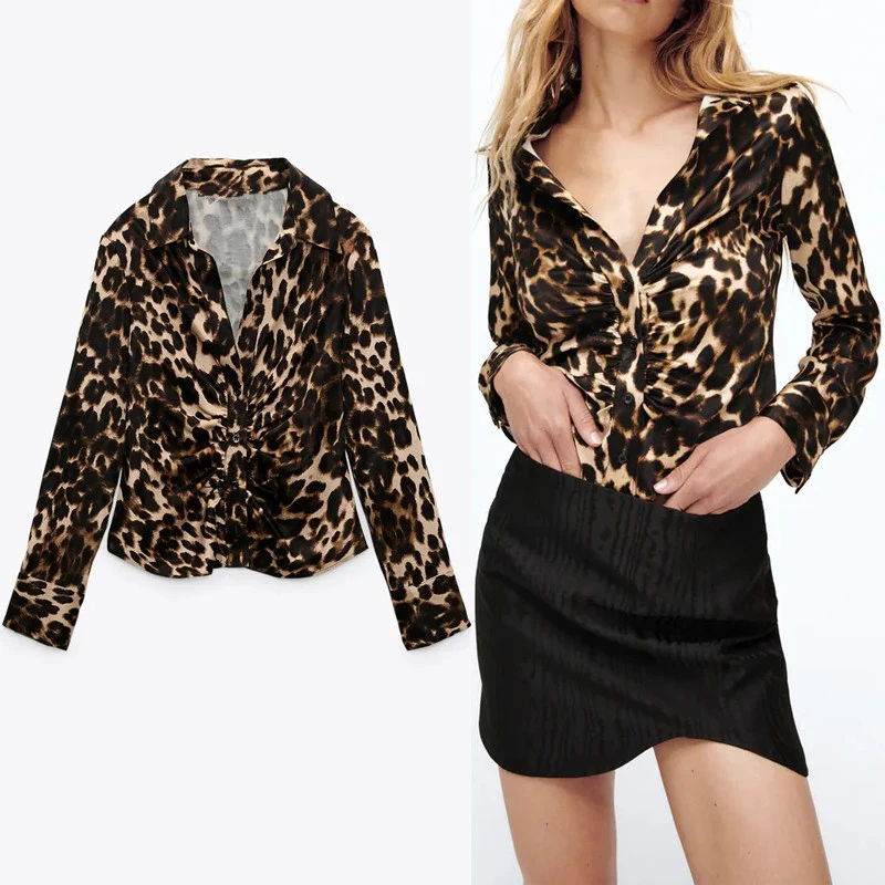 Блузи Za, дамски леопардовая риза с копчета, женски плиссированный съкратен топ с дълъг ръкав, Дамски есенни елегантни блузи с винтажным принтом - 0