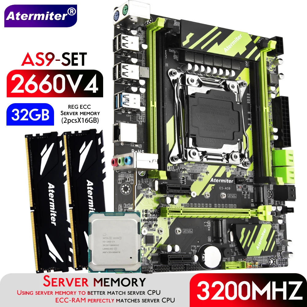 Комплект дънната платка Atermiter X99 AS9 с процесор Xeon E5 2660 V4 CPU LGA2011-3 DDR4 32 GB (2X16 GB) памет, 3200 Mhz ECC REG - 0
