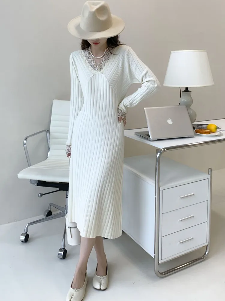 Нещо френско в корейски стил, красиво дантелено вязаное рокля в стил мозайка, женствена рокля-пуловер със средна дължина, Vestidos - 0