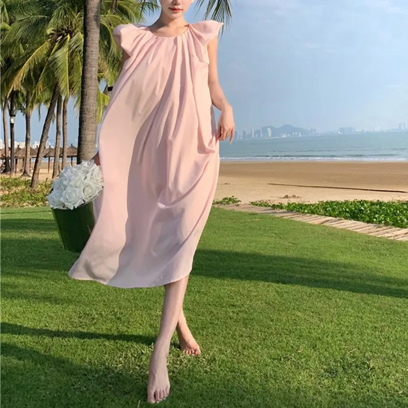Розово-секси лятна рокля без ръкави с летящими ръкави, однотонное свободно пряко елегантна шифоновое рокля с кръгло деколте до средата на прасците - 0