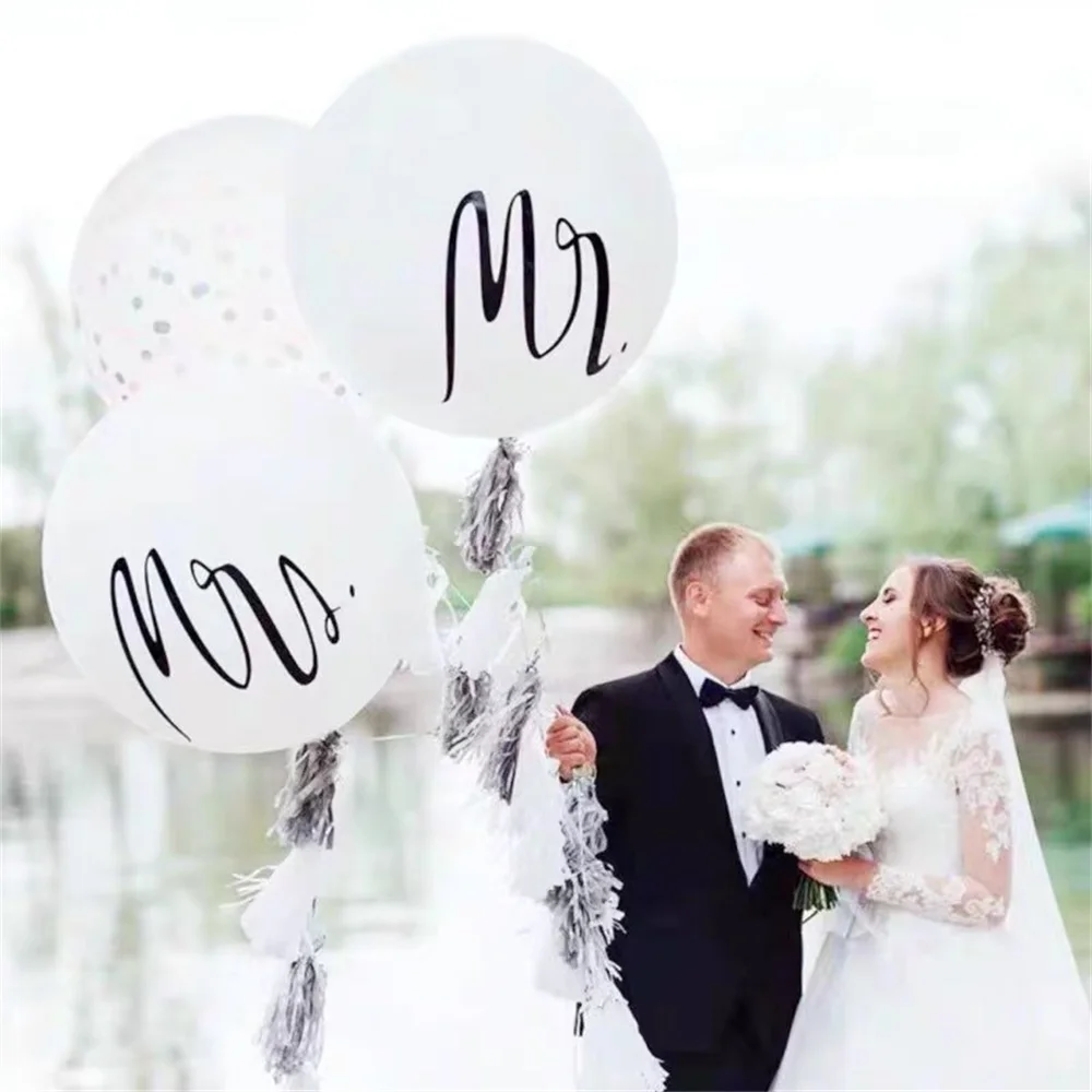 36-инчови гигантски кръгли латексови балони Mr & Mrs с бял принтом, сватба, за Свети Валентин, Оферта, Mariage Globos Blloon, Аксесоари за Украса - 1
