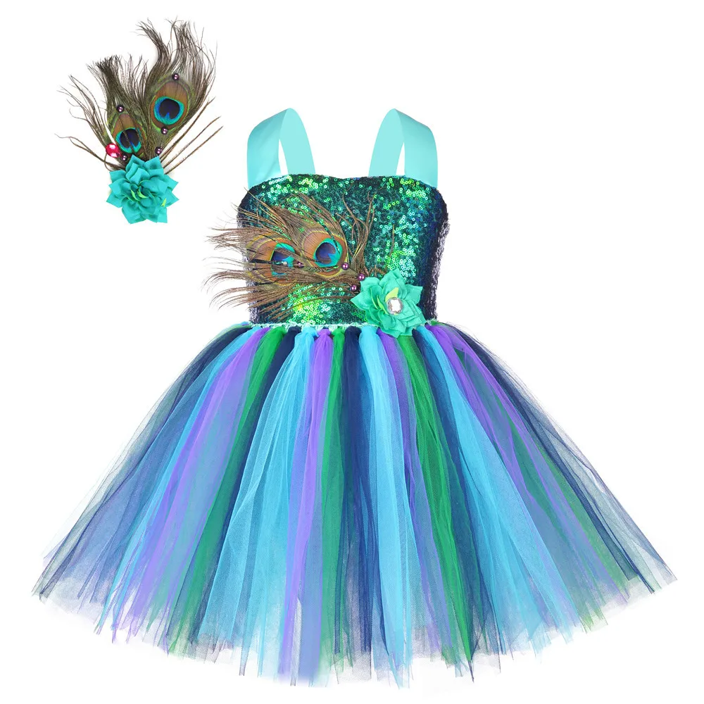 Cosplay-костюм принцеса Павлина за момичета, рокля-пакетче с цветен модел и пера за момичета, Празнична рокля за рожден Ден, Детски Летни Дрехи от 2 до 10 години - 1