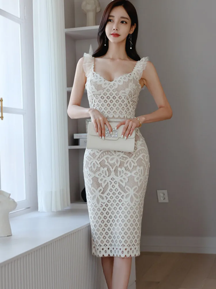 SMTHMA Ново модно секси лятна рокля на спагети презрамки свързани с деколте, секси елегантна бяла рокля с тънка талия и V-образно деколте дамски дрехи - 1