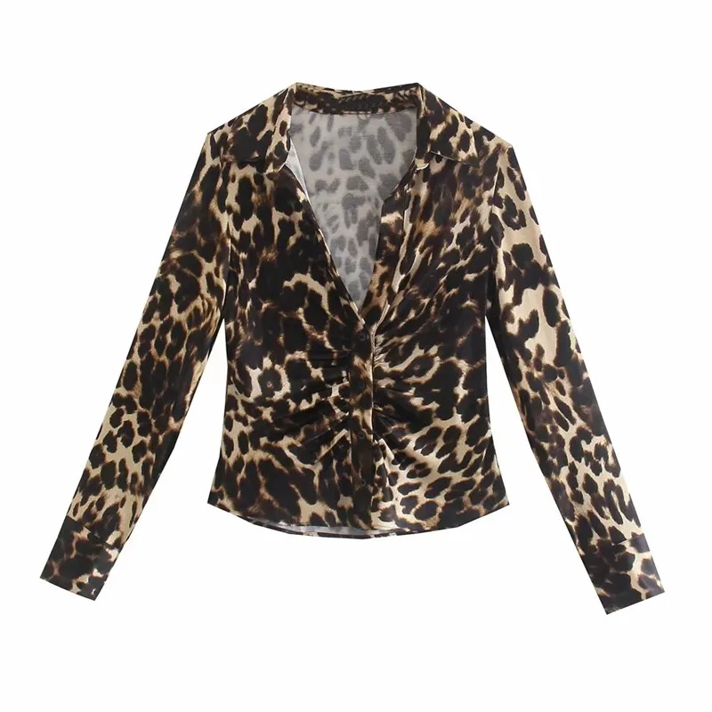 Блузи Za, дамски леопардовая риза с копчета, женски плиссированный съкратен топ с дълъг ръкав, Дамски есенни елегантни блузи с винтажным принтом - 1