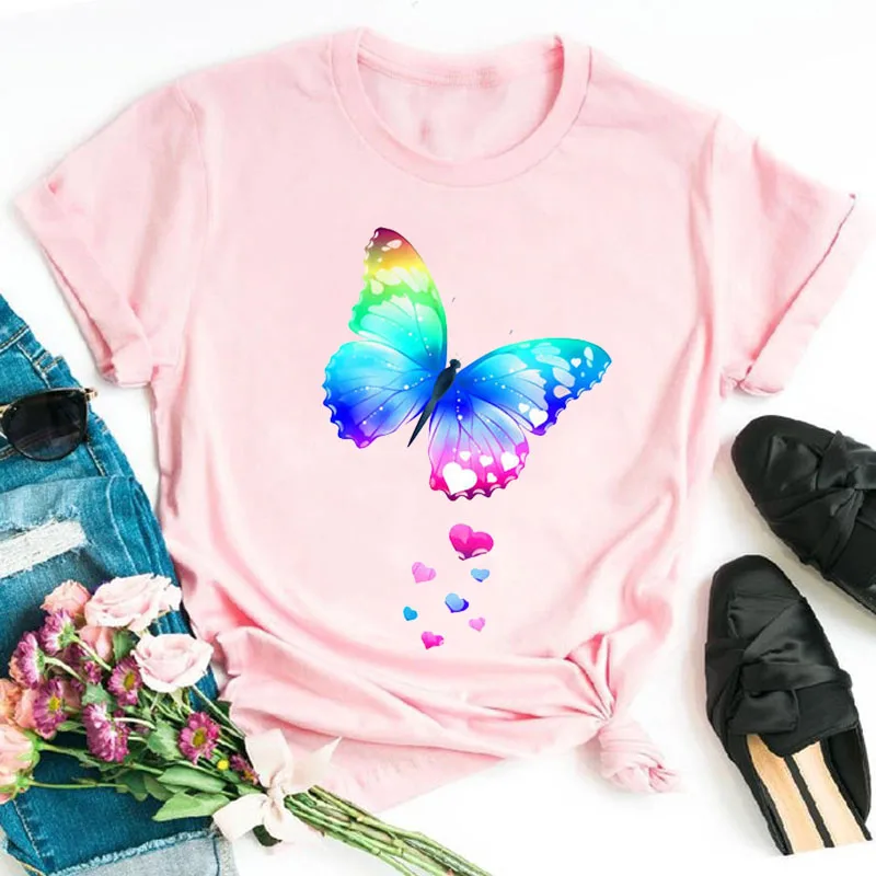 Женска Тениска, тениска с принтом разноцветни пеперуди, ежедневни блузи в стил харадзюку, женска тениска с къс ръкав и модел за момичета на 90-те години, тениска - 1