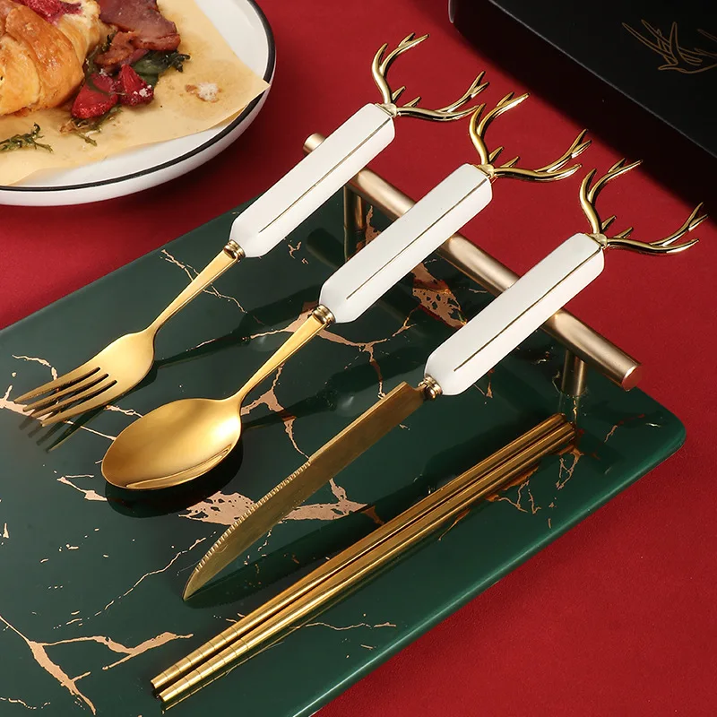 Коледен златен набор от прибори за хранене Нож от неръждаема стомана, Вилица, лъжица, посуда, прибори за хранене набор от Лосиного рога, Празничен подарък за кухня, трапезария и посуда - 1