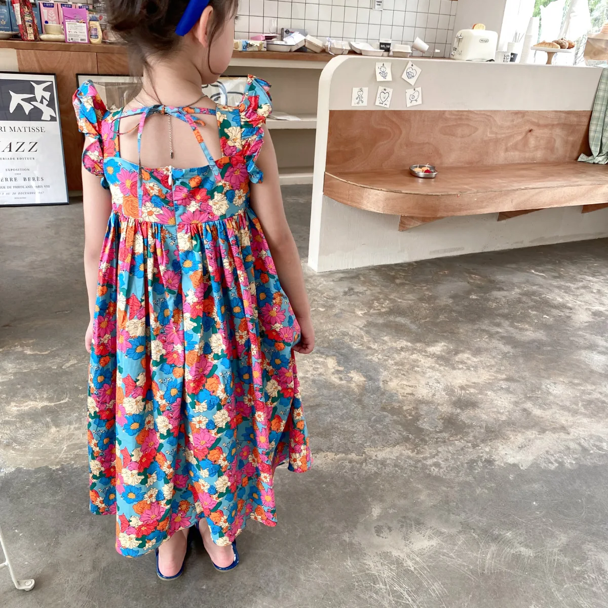 Лятното модно рокля за малка принцеса с цветен модел и дълъг ръкав за малки момичета, памучни дълга рокля с отворен гръб - 1