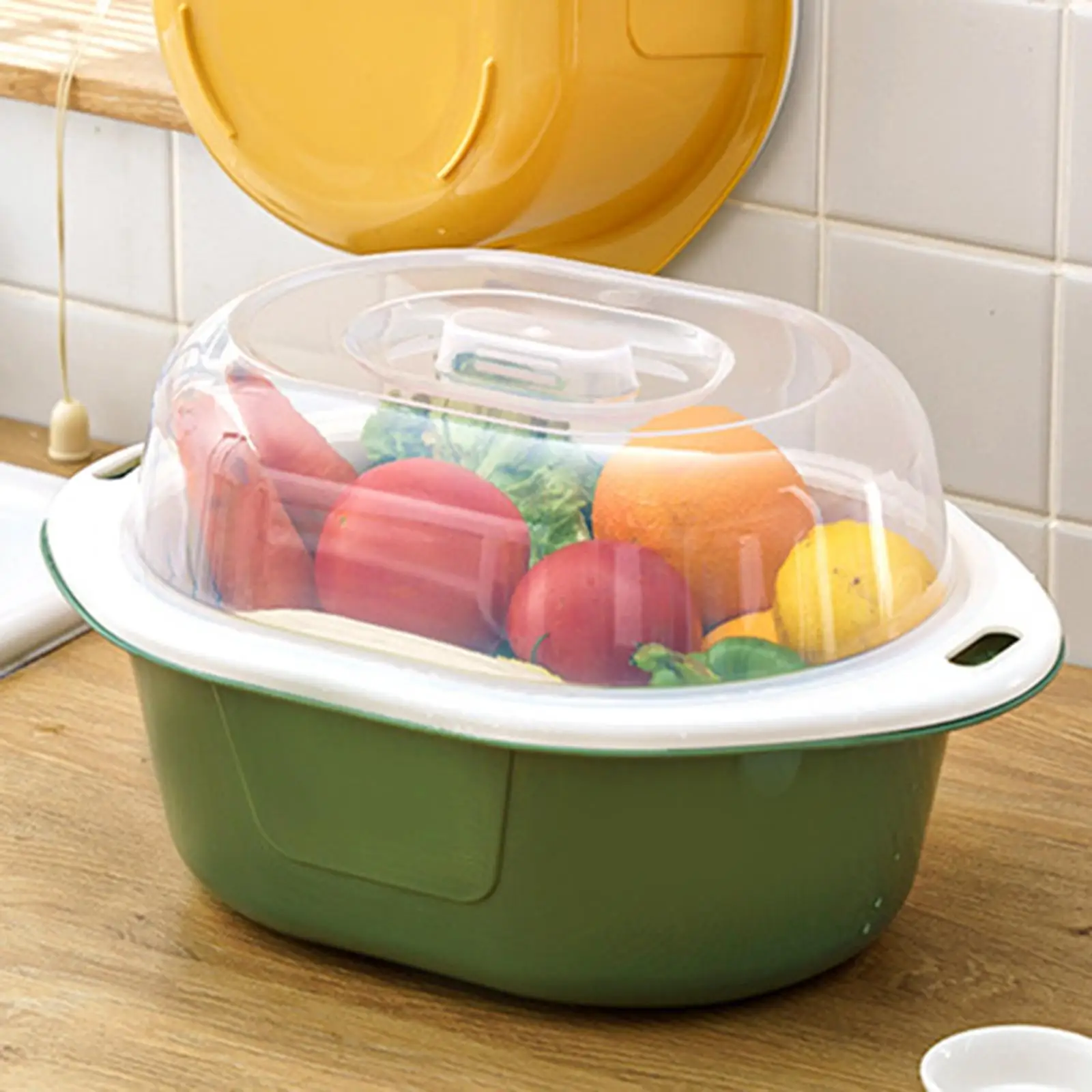 Многофункционален водосточни купа с капак, Сменяем кухненски гевгир, цедка, комплекти купички за измиване на зеленчуци - 1