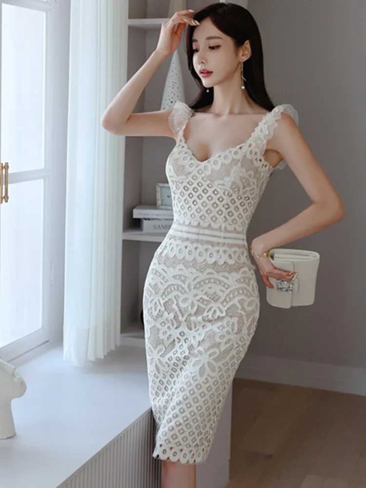 SMTHMA Ново модно секси лятна рокля на спагети презрамки свързани с деколте, секси елегантна бяла рокля с тънка талия и V-образно деколте дамски дрехи - 2