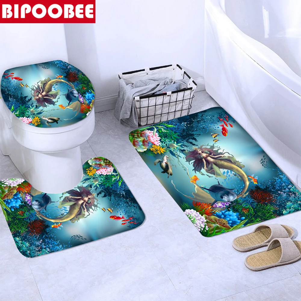Океански делфин, Морска костенурка, Русалка, 3D завеса за душ, Комплект за баня, килим за баня, капака на тоалетната чиния, подложка за пиедестал, нескользящий килим, домашен декор - 2