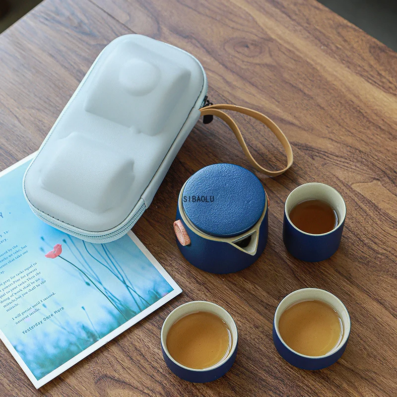 Пътен чай набор от кунг-фу, Преносима быстросъемная чаша, Преносим уличен чайник, три чаши, японски керамични подарък чай комплекти за активна почивка - 2