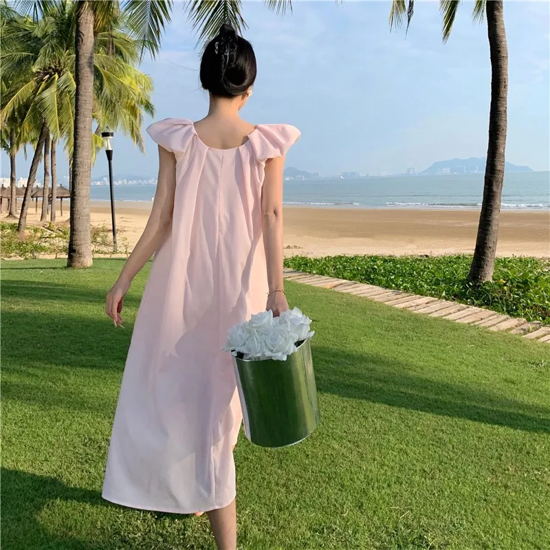 Розово-секси лятна рокля без ръкави с летящими ръкави, однотонное свободно пряко елегантна шифоновое рокля с кръгло деколте до средата на прасците - 2
