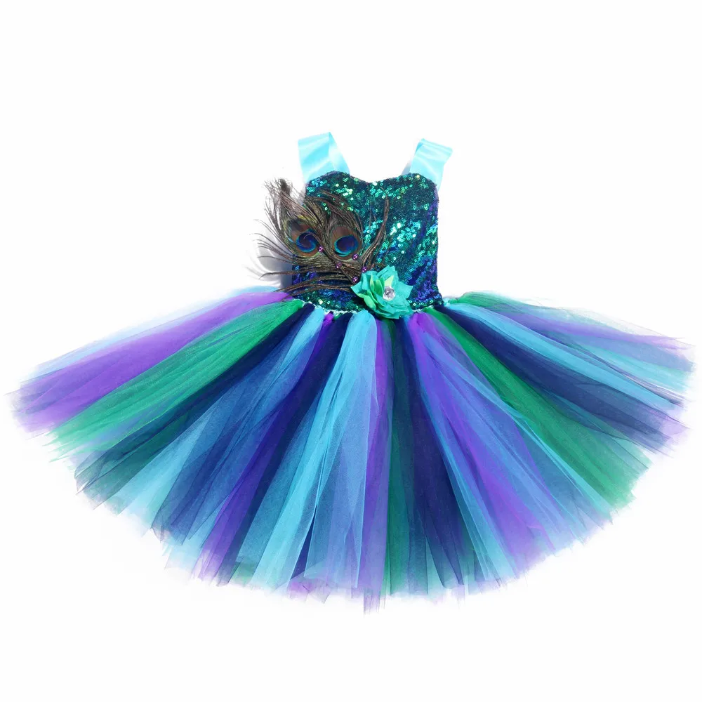Cosplay-костюм принцеса Павлина за момичета, рокля-пакетче с цветен модел и пера за момичета, Празнична рокля за рожден Ден, Детски Летни Дрехи от 2 до 10 години - 3