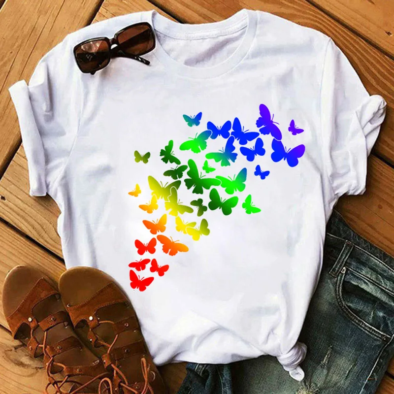 Женска Тениска, тениска с принтом разноцветни пеперуди, ежедневни блузи в стил харадзюку, женска тениска с къс ръкав и модел за момичета на 90-те години, тениска - 3