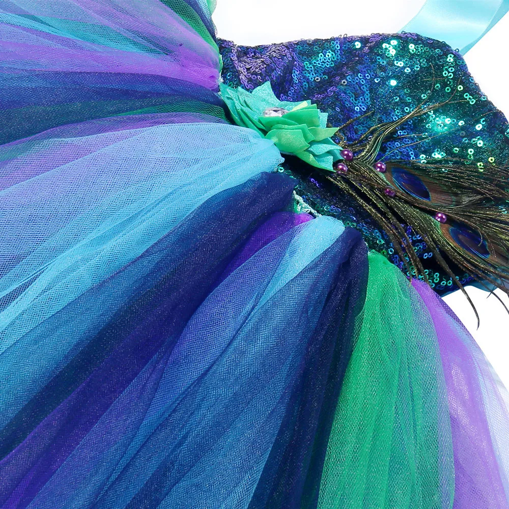 Cosplay-костюм принцеса Павлина за момичета, рокля-пакетче с цветен модел и пера за момичета, Празнична рокля за рожден Ден, Детски Летни Дрехи от 2 до 10 години - 4