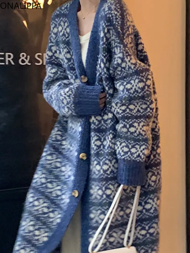 Вязаный дълга жилетка Onalippa в етнически стил, есен-зима, нов луксозен пуловер Оверсайз, однобортные дамски пуловери с V-образно деколте - 4