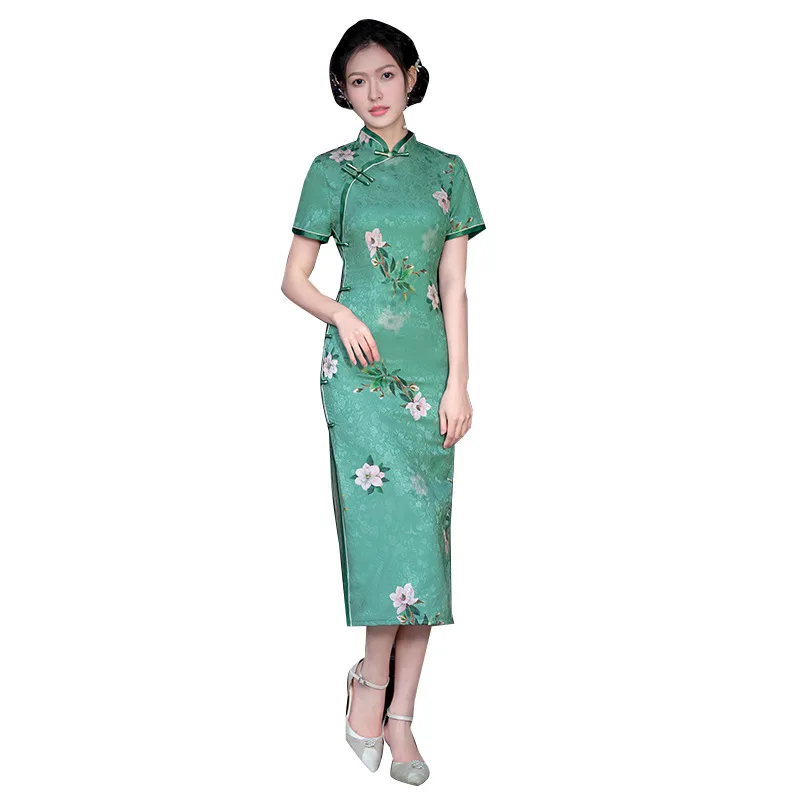 Жена традиционното китайското зелена рокля с флорални принтом, ретро яка-часова, Ципао, дълга тънка Чонсам с висока цепка - 5